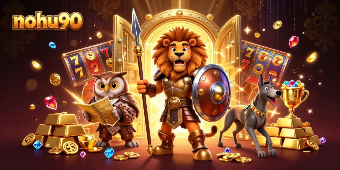 Experience nohu90 tactics with a lively 3D scene featuring a Spartan lion and treasure-rich casino elements.