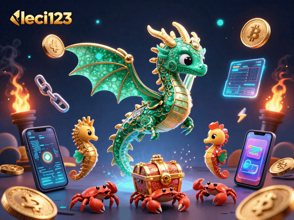 Experience leci123 with our vibrant dragon treasure scene filled with Bitcoin and Ethereum coins.