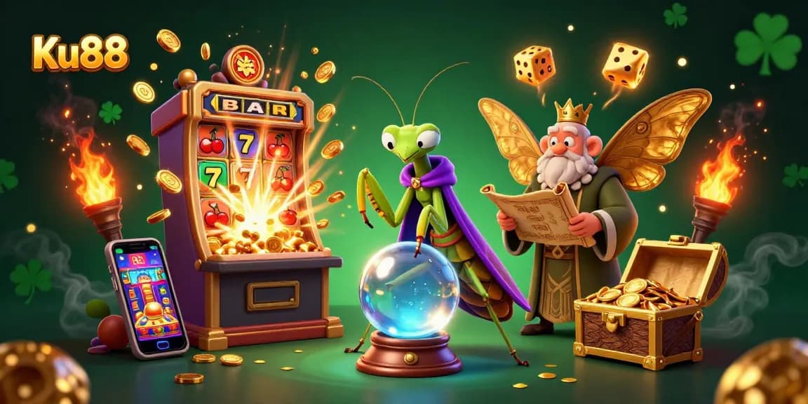 Experience thrilling wins at Ku88 with a vibrant scene showcasing fortune teller, rich casino elements, and dynamic energy.