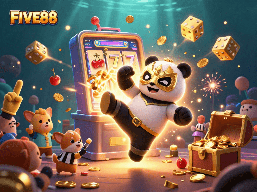 Experience the excitement of FIVE88 with a panda wrestler in a vibrant casino scene.