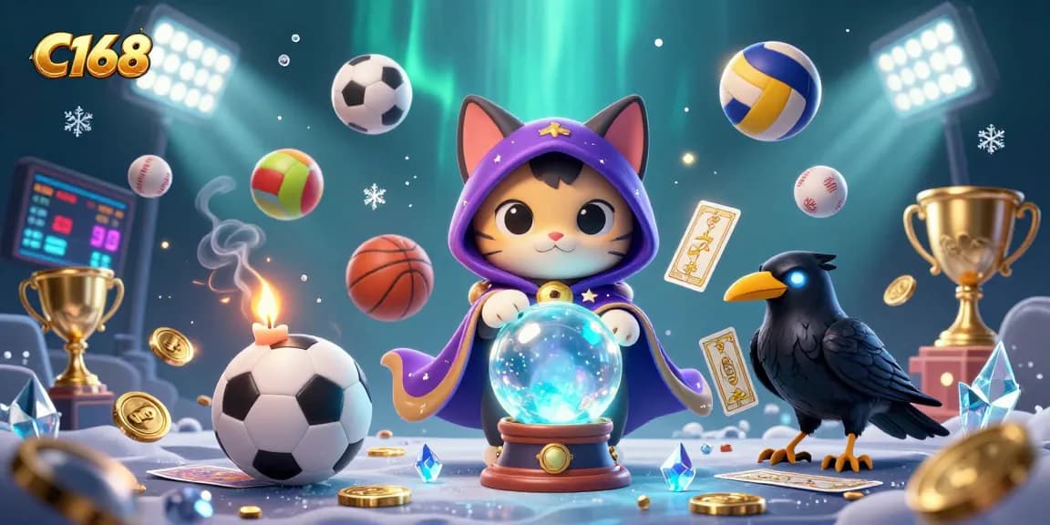 Win big at C168 with an engaging 3D casino illustration showing fortune teller cat, glowing raven, and sports elements.