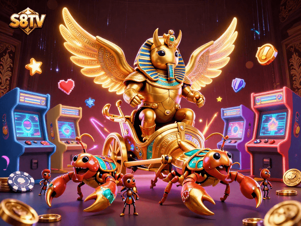 Experience winning at S8TV with a vibrant, illustrated casino world featuring mythical characters.