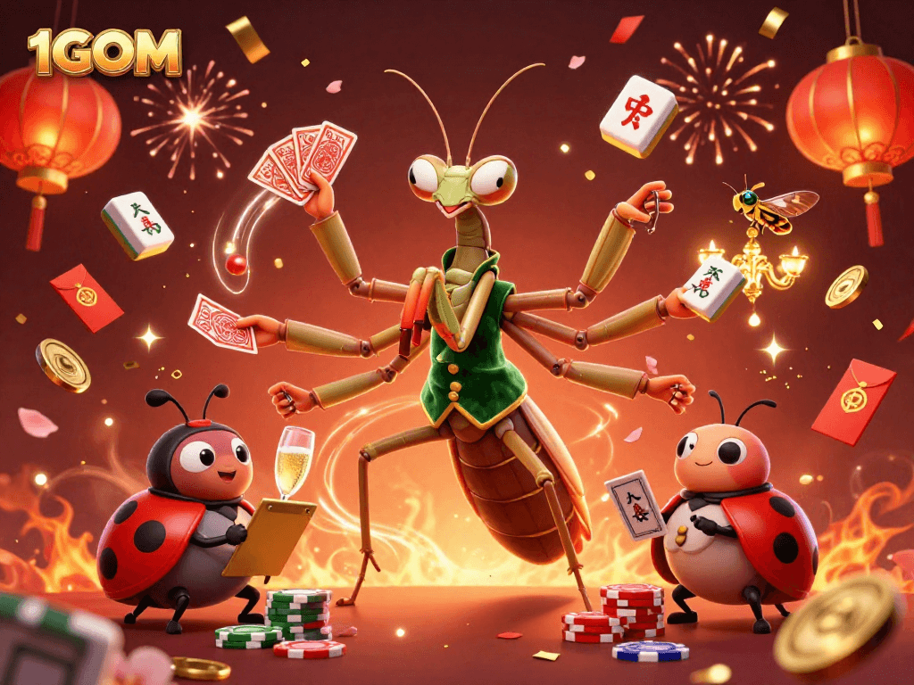 Experience the excitement of 1GOM with dynamic characters dealing cards and celebrating in a vibrant setting.