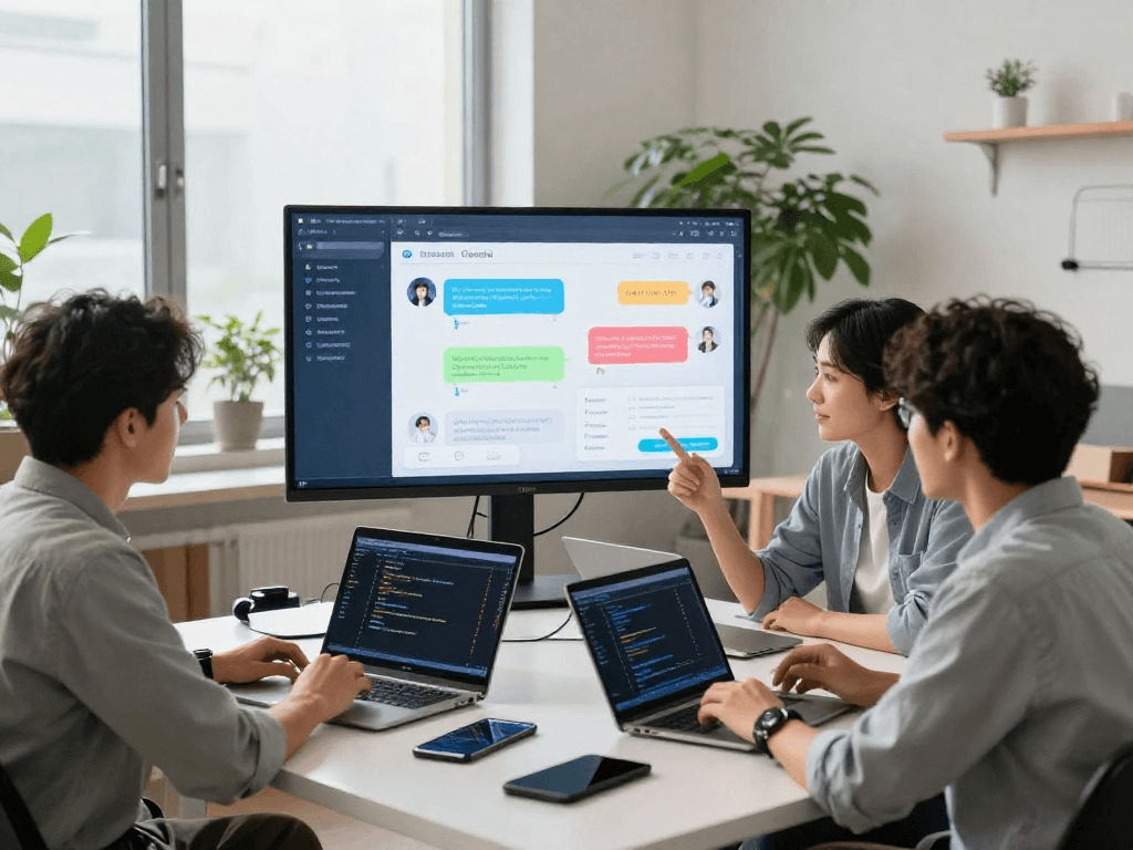 Engaging team collaborating with dynamic juicy ai chat interface analysis in a modern workspace.