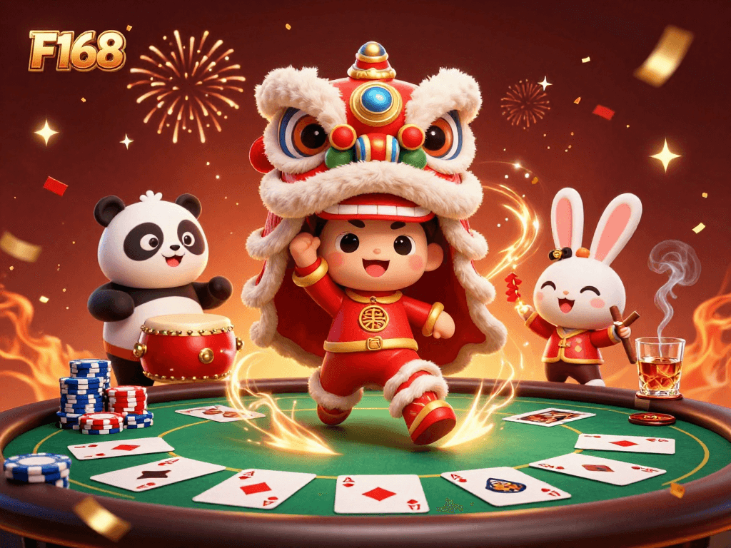 Experience thrilling moments at F168 with a festive lion dance and vibrant casino elements.