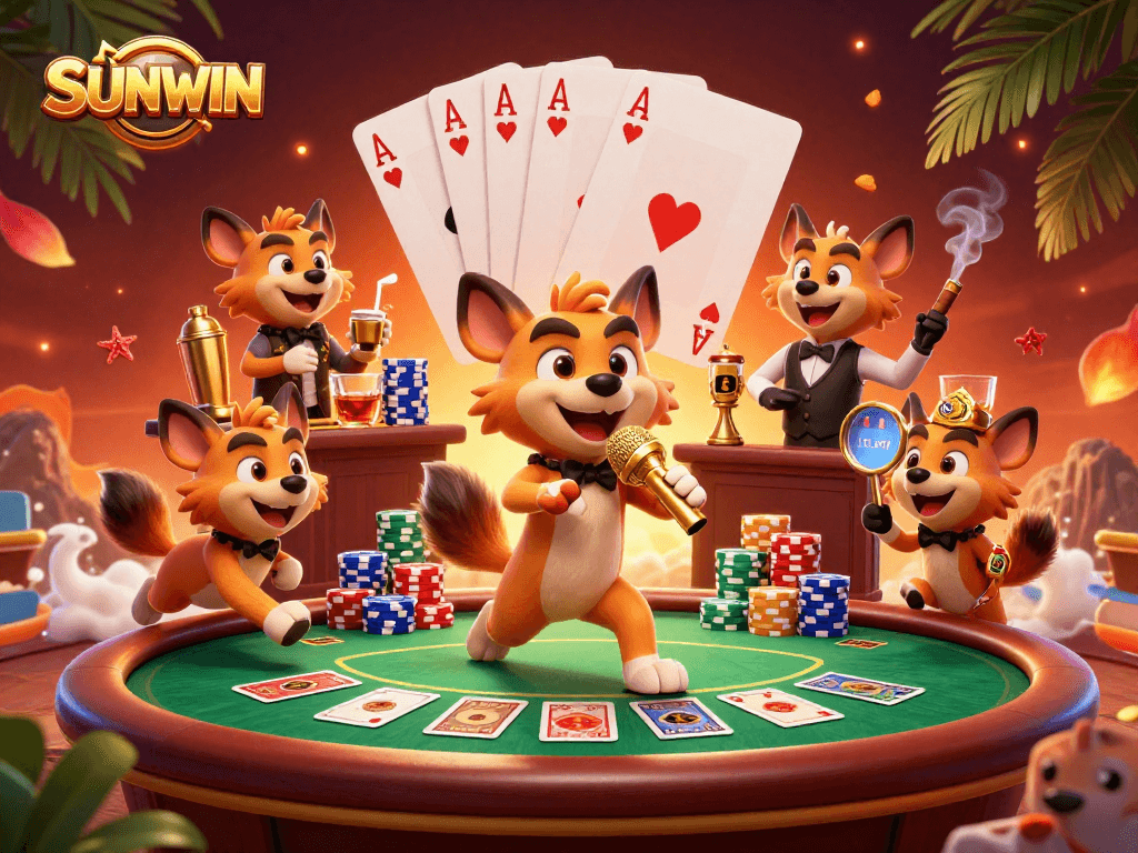 SUNWIN offers a vibrant gambling experience in a lively casino scene with hyenas engaging in fun activities.