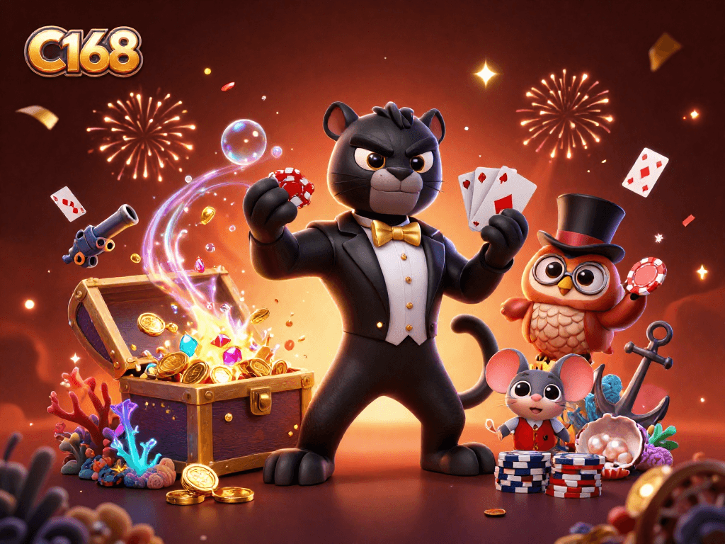 C168 showcases a vibrant 3D scene with a stylish panther, owl, and lucky mouse celebrating casino wins, complete with treasure and festive elements.