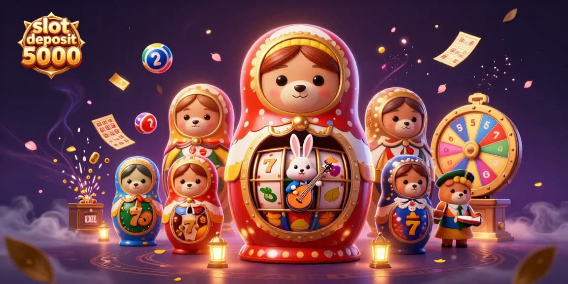 Experience excitement with slot deposit 5000 through this vibrant casino-themed illustration, showcasing lively game elements.