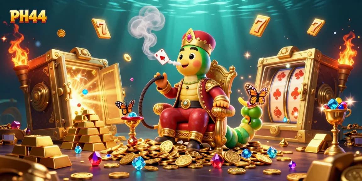 Experience the excitement of PH44 with a vibrant 3D illustration of a caterpillar sultan amidst casino symbols.