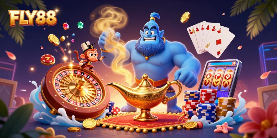 FLY88 offers exciting gameplay with a genie, monkey, and chips bringing wins in a vibrant casino scene.
