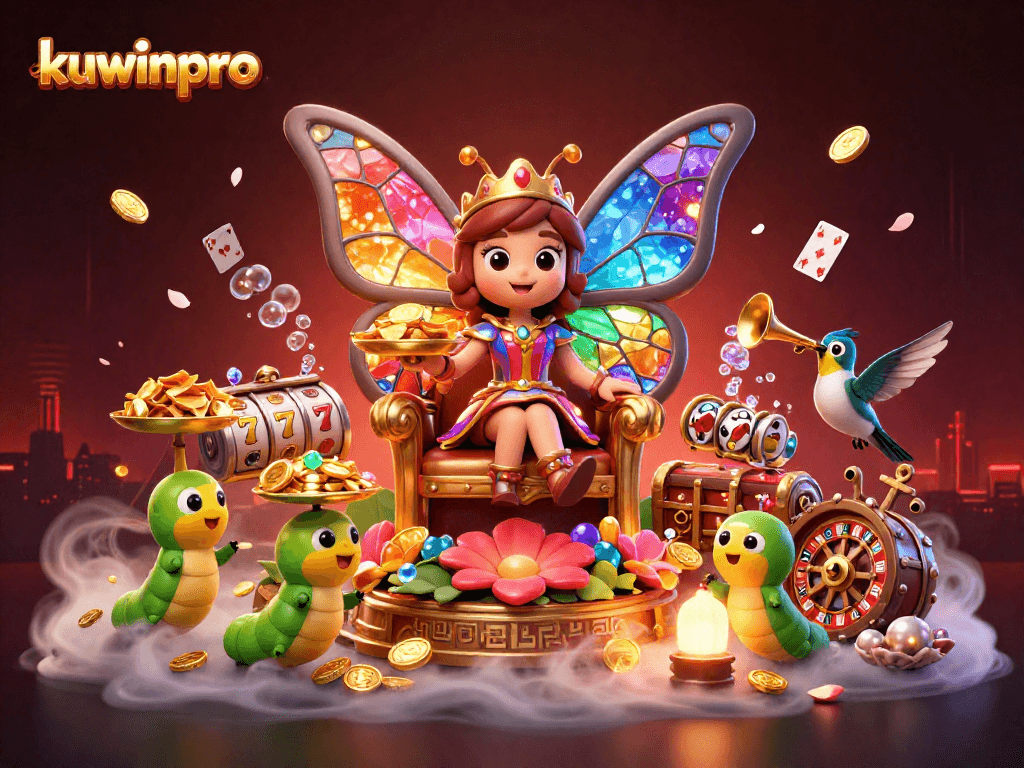 Engage with kuwinpro’s vibrant casino ambiance, featuring a whimsical butterfly queen alongside exciting game elements.