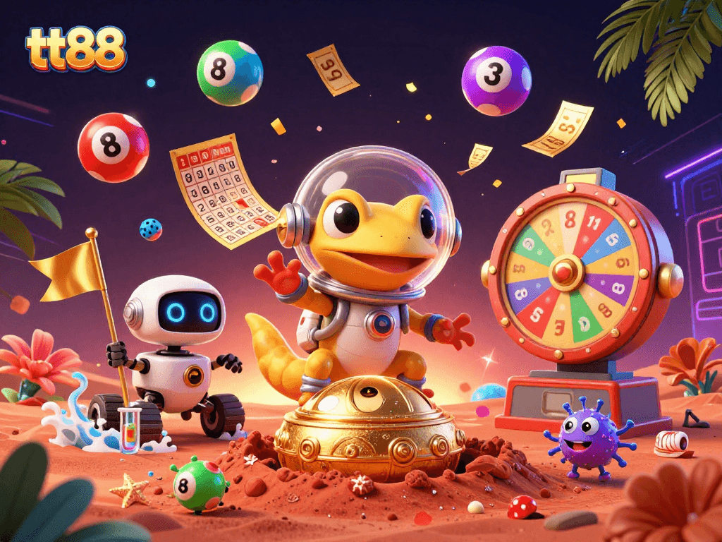 tt88 Martian gecko discovering a golden casino, surrounded by vibrant lottery elements and a cheering crowd