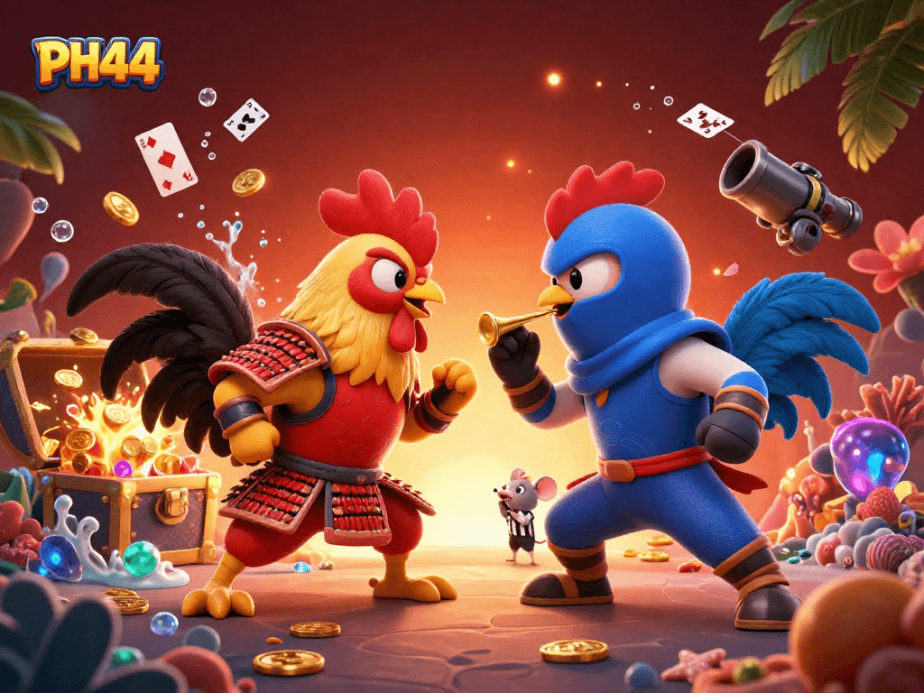 Engage with PH44's thrilling rooster standoff illustration featuring 3D characters in a casino setting.
