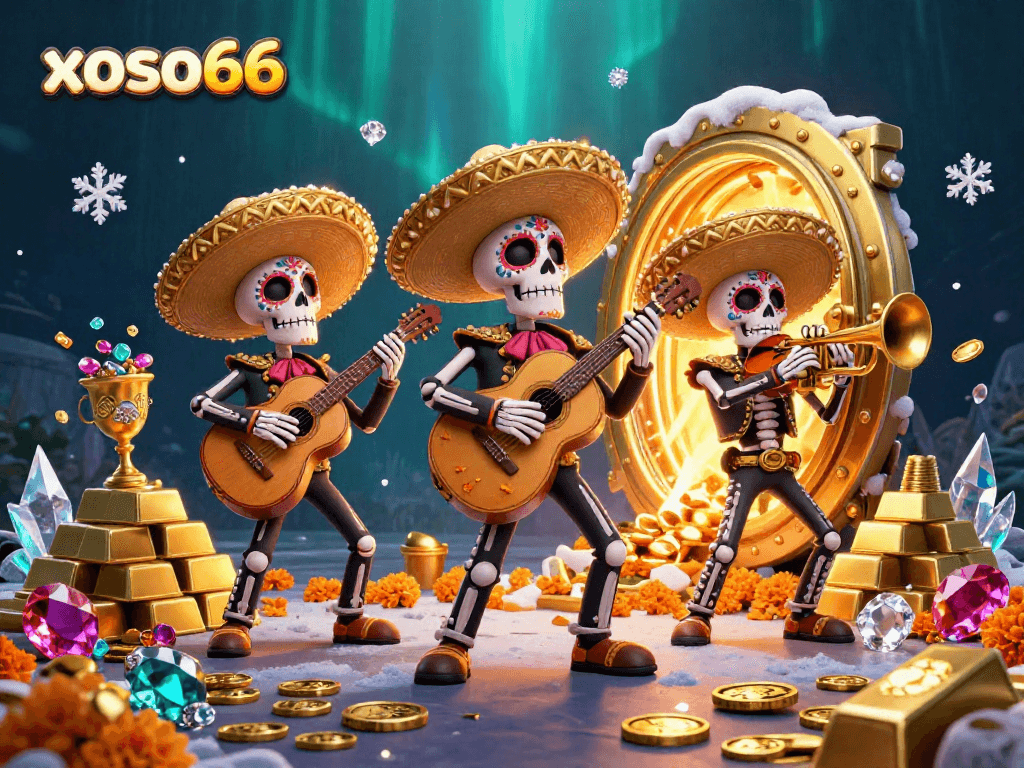 Experience the vibrant energy of xoso66 with a mariachi band amidst a treasure-filled casino scene.
