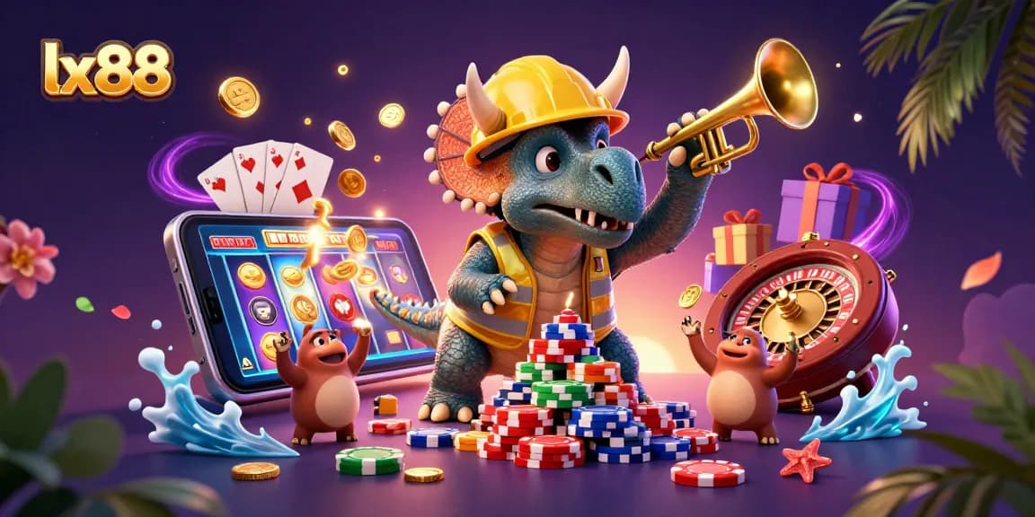 Experience the excitement of lx88 casino with animated characters celebrating over poker chips and slot games.