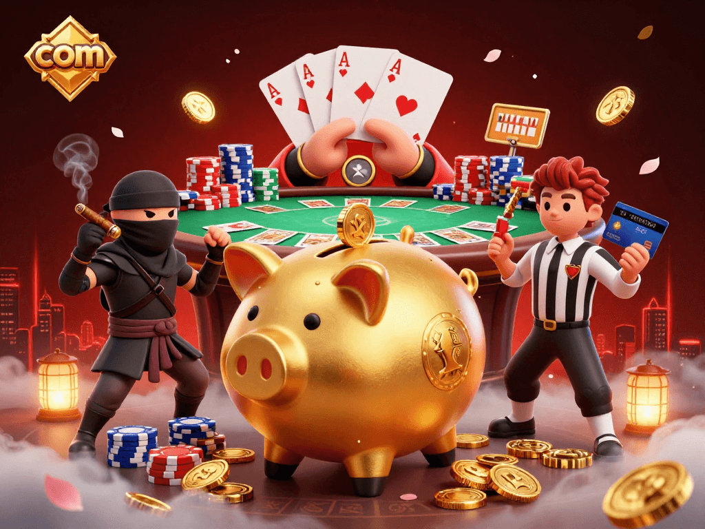 Win big at com with an action-packed casino-themed 3D illustration featuring exciting characters and game elements.