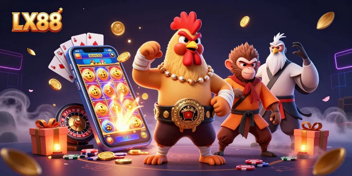 Experience thrilling gameplay at LX88 with a fierce rooster, martial artist monkey, and crane master in action.