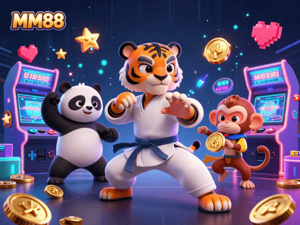 Bet on MM88 with vibrant characters enjoying casino games in a dynamic, 3D illustration.