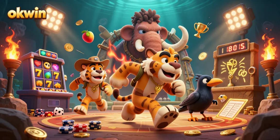 Win big at okwin with this vibrant illustration of a prehistoric casino scene featuring lively characters.