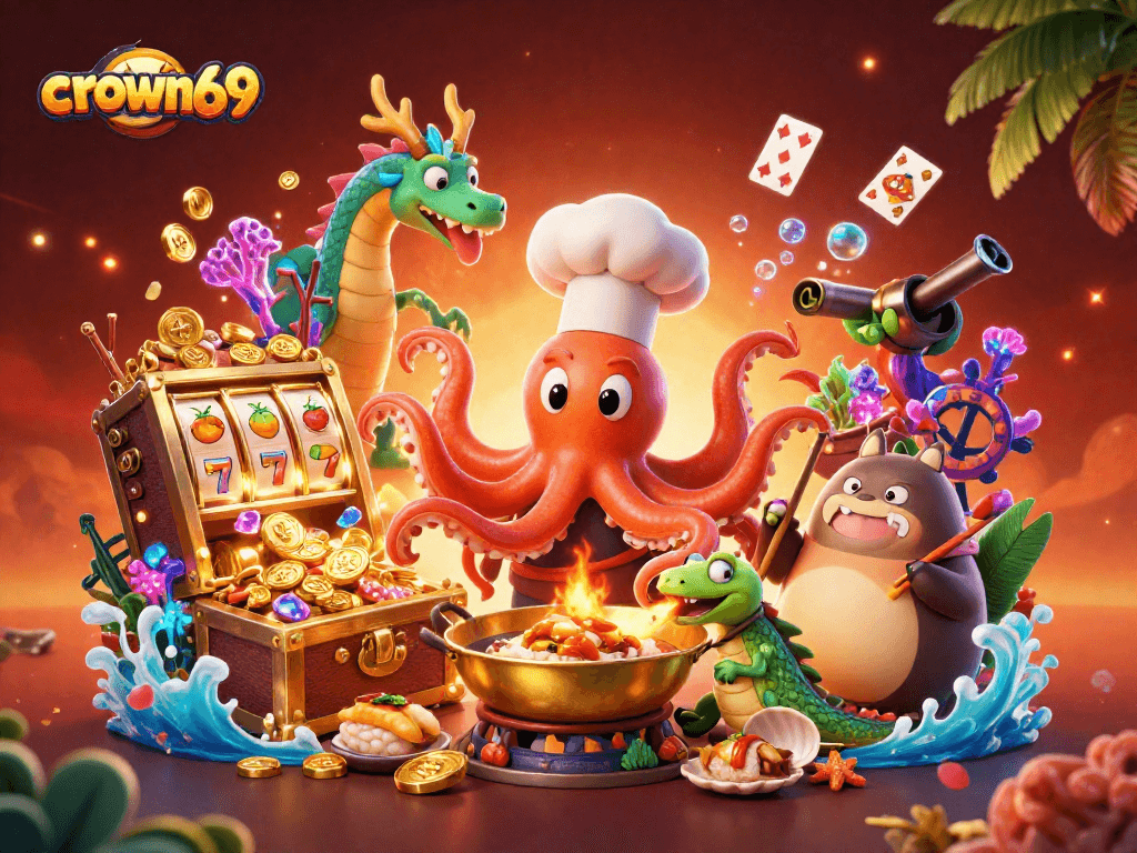 Crown69 features a lively casino scene with characters and slot reels, inviting players to indulge in online gaming.