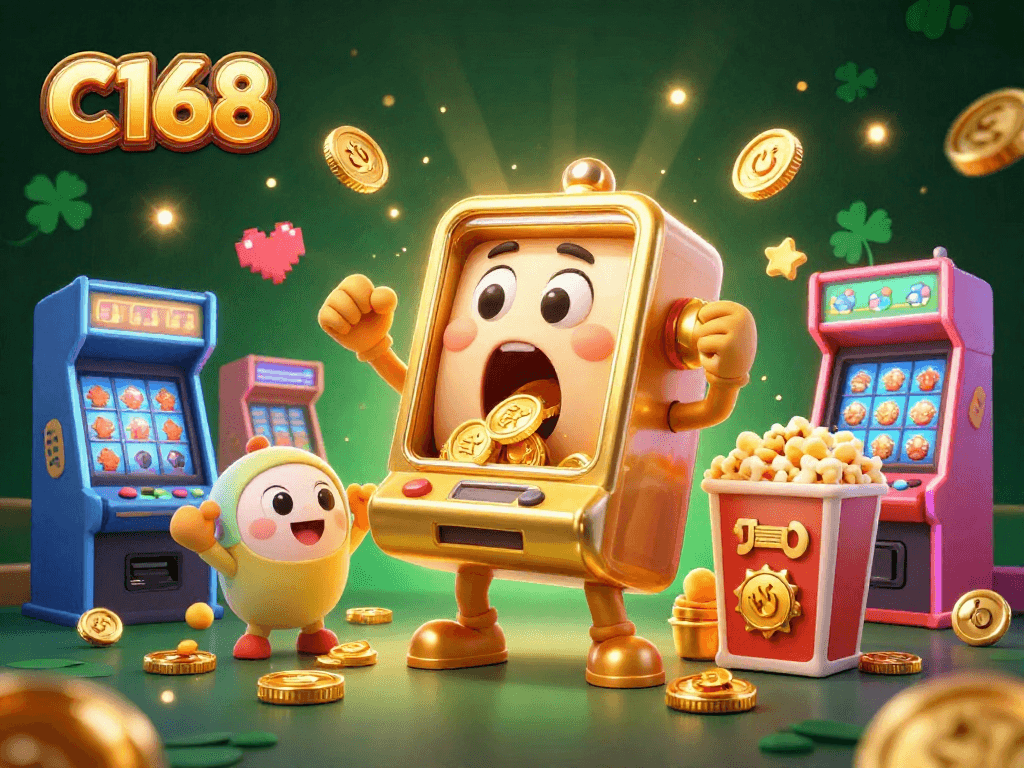 C168 slot machine celebrating a jackpot win with golden coins falling, surrounded by fun arcade elements.