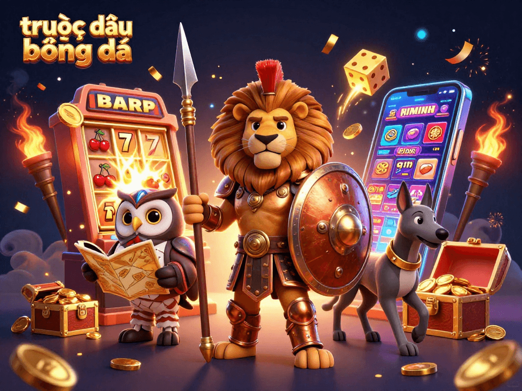 Experience thrilling trực tiếp bóng đá action with dynamic characters and casino elements in a lively illustration.