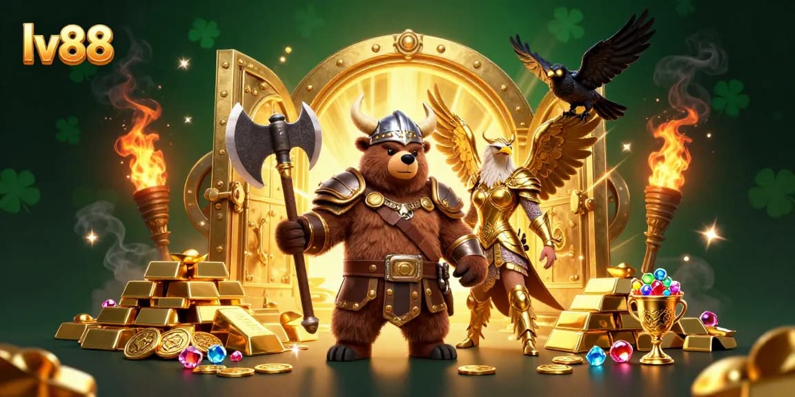 Win big at lv88 with a vibrant 3D casino scene featuring a Viking bear, Valkyrie eagle, and treasures.