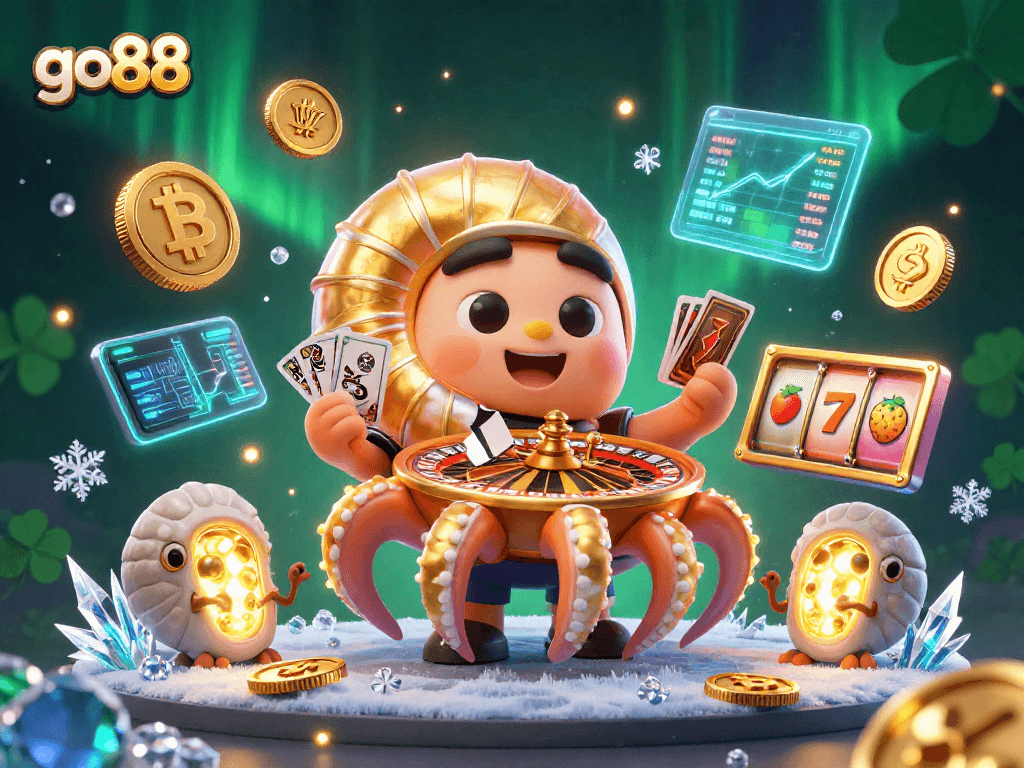 Engage with go88’s vibrant casino scene featuring a nautilus roulette wheel, glowing cryptocurrencies, and slot elements.