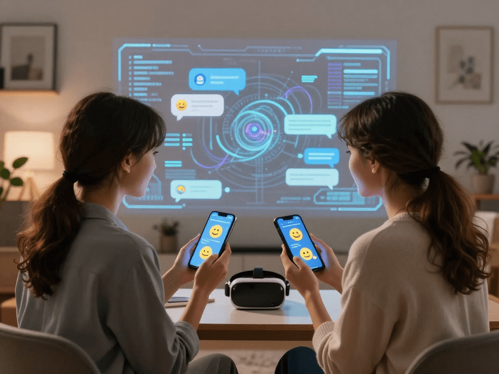 Couple engaging in AI sex chat on smartphones amidst modern digital backdrop