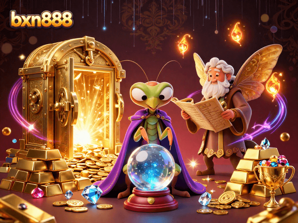 Experience the thrilling bxn888 gaming world with vibrant characters and treasures in this 3D casino illustration.