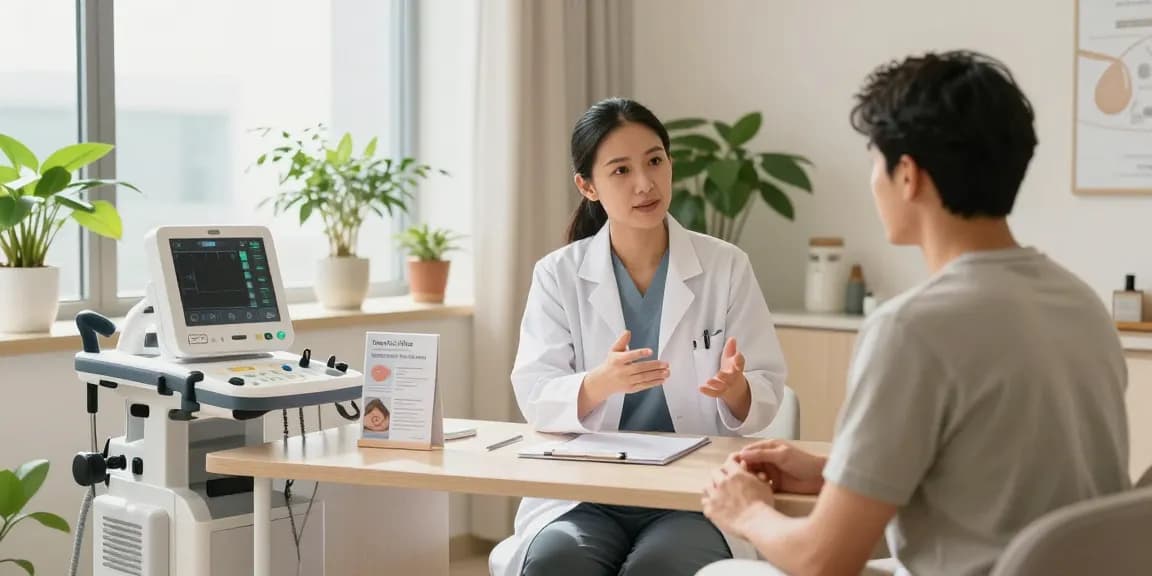 Patient consultation discussing health packages Abu Dhabi in serene wellness center.