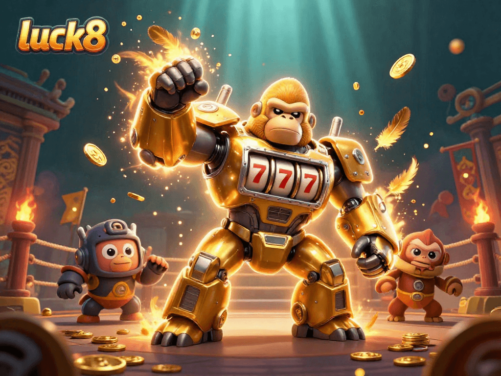 Engage in thrilling wins at luck8 with a golden gorilla mech, slot machine elements, and dynamic casino action.