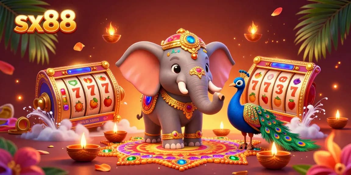 Engage with sx88's dynamic gaming elements in a vibrant 3D casino themed illustration featuring an elephant and peacock.
