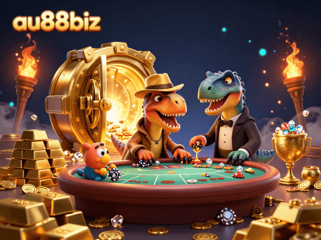 Experience the thrilling action at au88biz with a velociraptor card counter and stegosaurus pit boss in a bustling casino scene.