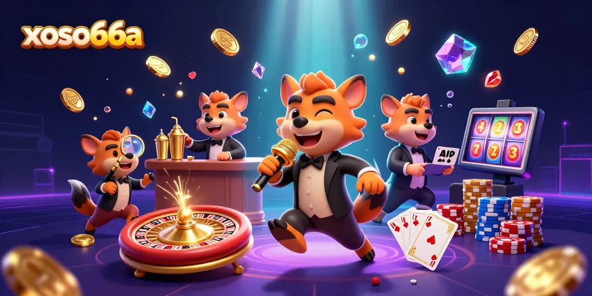 Experience the fun at xoso66a with lively hyenas in a colorful casino scene, full of vibrant game elements.