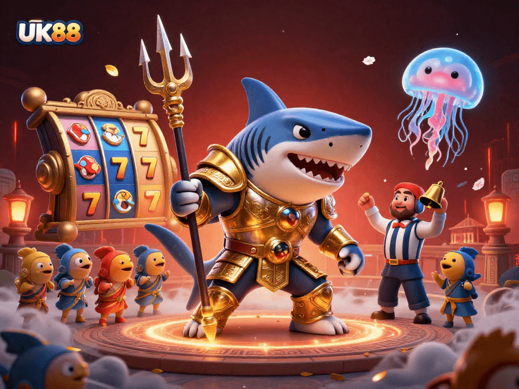 Bet big with UK88 in an immersive underwater casino scene featuring a gladiator shark and slot reels.