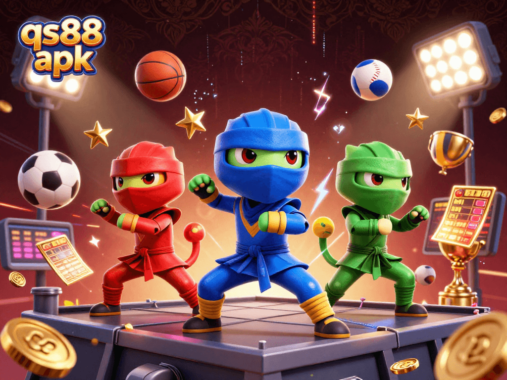 Experience winning with qs88 apk in this dynamic 3D casino scene illustrating sports action.