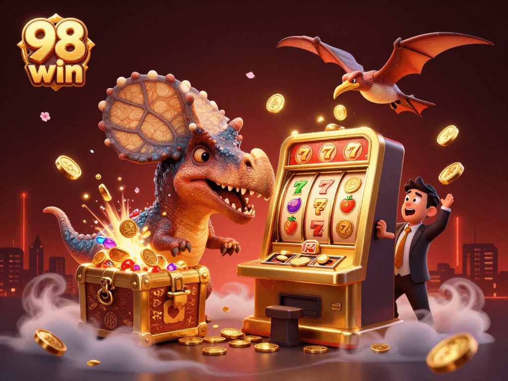 98 win slots jackpot scene with dinosaur characters celebrating a big win in a vibrant casino setting