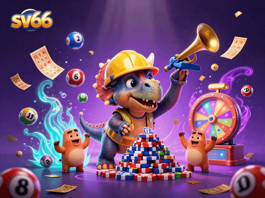 Celebrate with sv66's vibrant casino scene featuring joyful dinosaur characters and dynamic gaming elements.