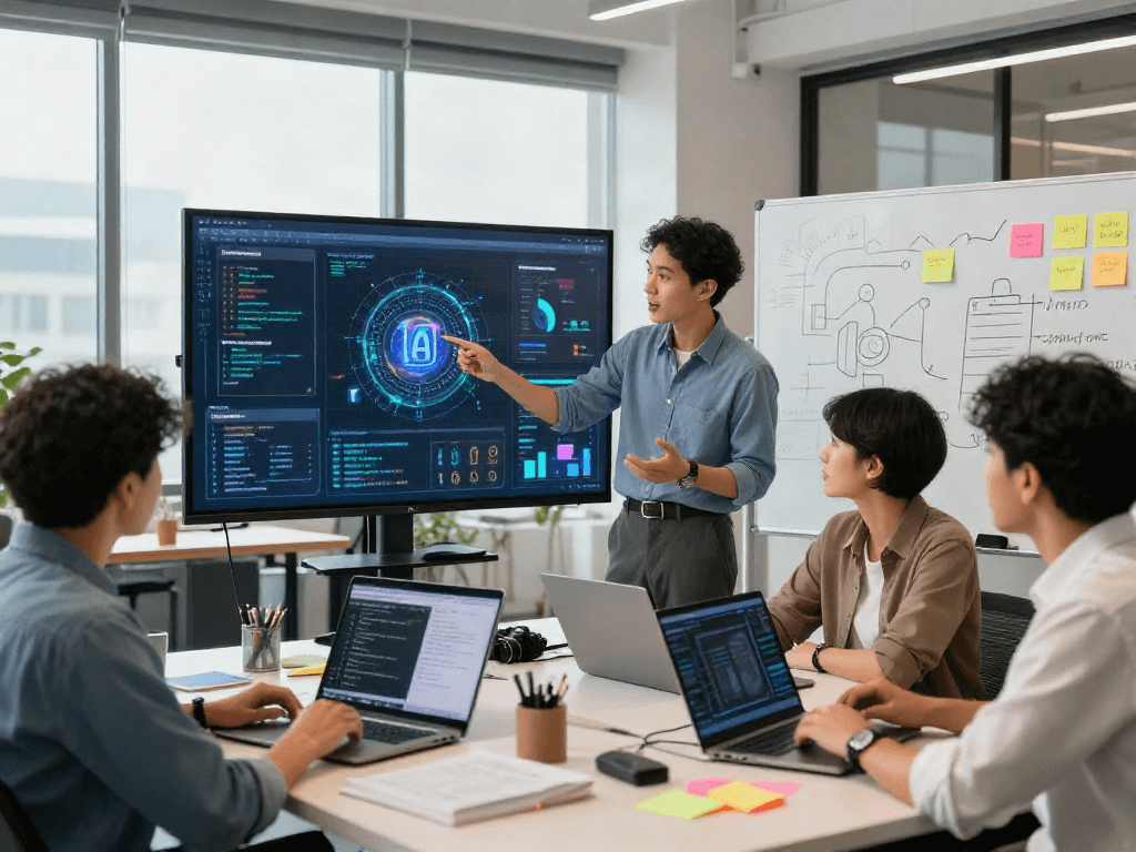Team collaborating on innovative projects using 18+ ai technologies in a vibrant digital workspace.