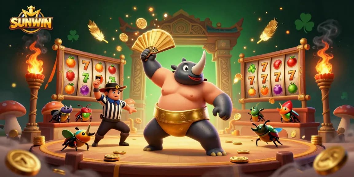 SUNWIN's vibrant 3D illustration showcases a beetle champion in a thrilling casino arena, evoking excitement.