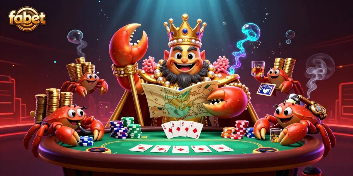 Engage in fabet's alluring world with a golden crab emperor and treasure hunting in this vibrant casino illustration.