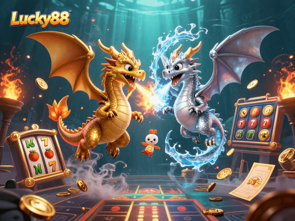 Engage with Lucky88 gaming excitement featuring dynamic dragons and slot machines.