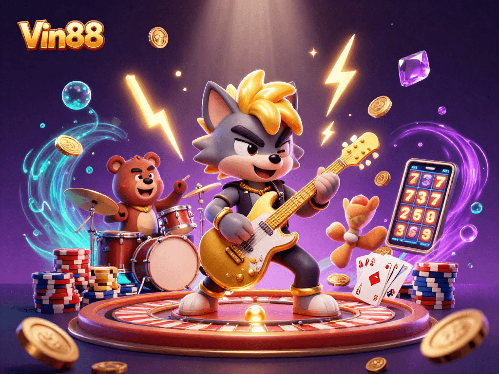 Experience thrilling fun with Vin88 featuring a rock star wolf, casino items, and colorful game action.