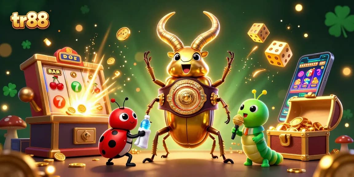 tr88 jackpot action features a golden beetle champion amidst exciting slot game elements.