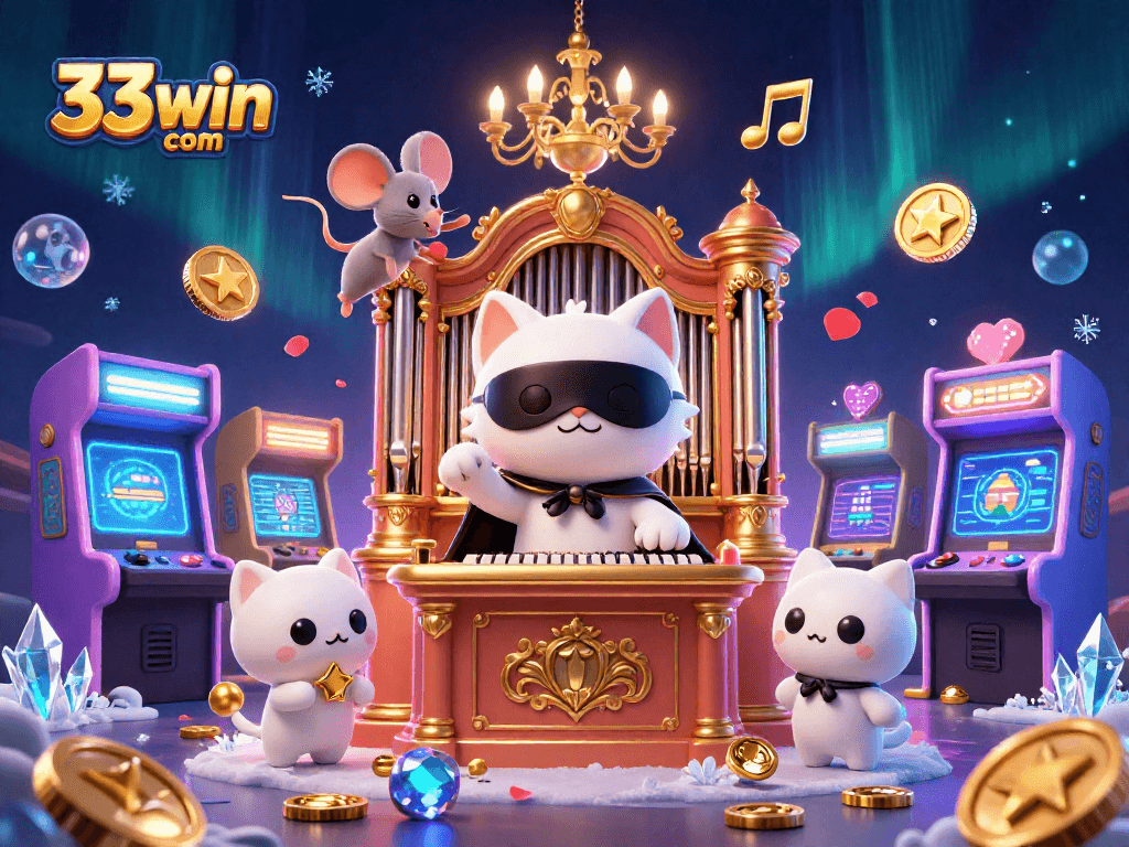 Engaging scene featuring 33win com, with a masked cat at the pipe organ amidst colorful game machines and casino elements.