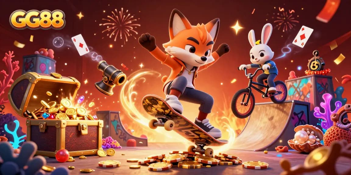 Win with GG88 as a fox and rabbit perform tricks in a vibrant casino setting.