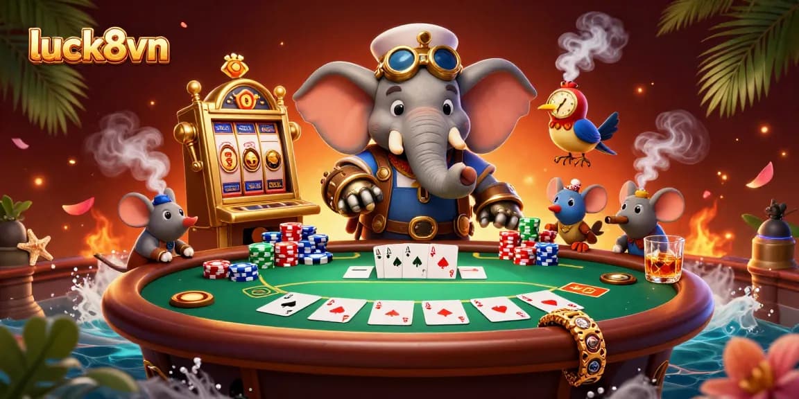Engage with luck8vn through a steampunk-themed casino scene showcasing vibrant poker action and a golden slot machine.