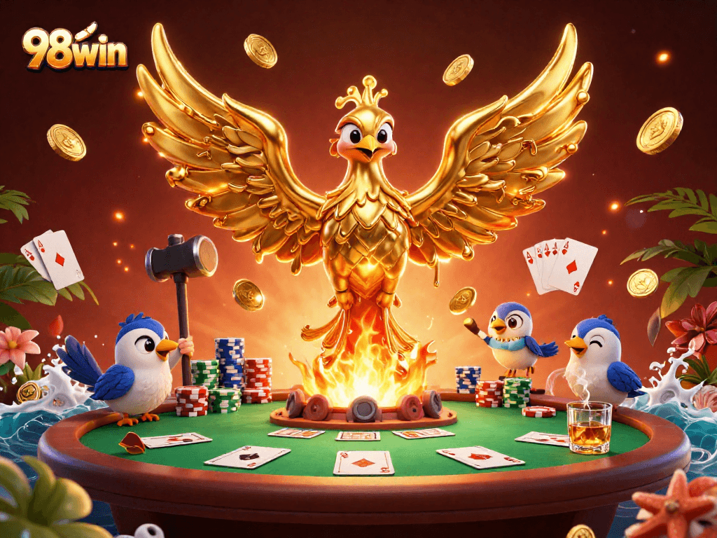 Experience the thrill of 98win with a vibrant casino scene featuring a phoenix and poker elements.