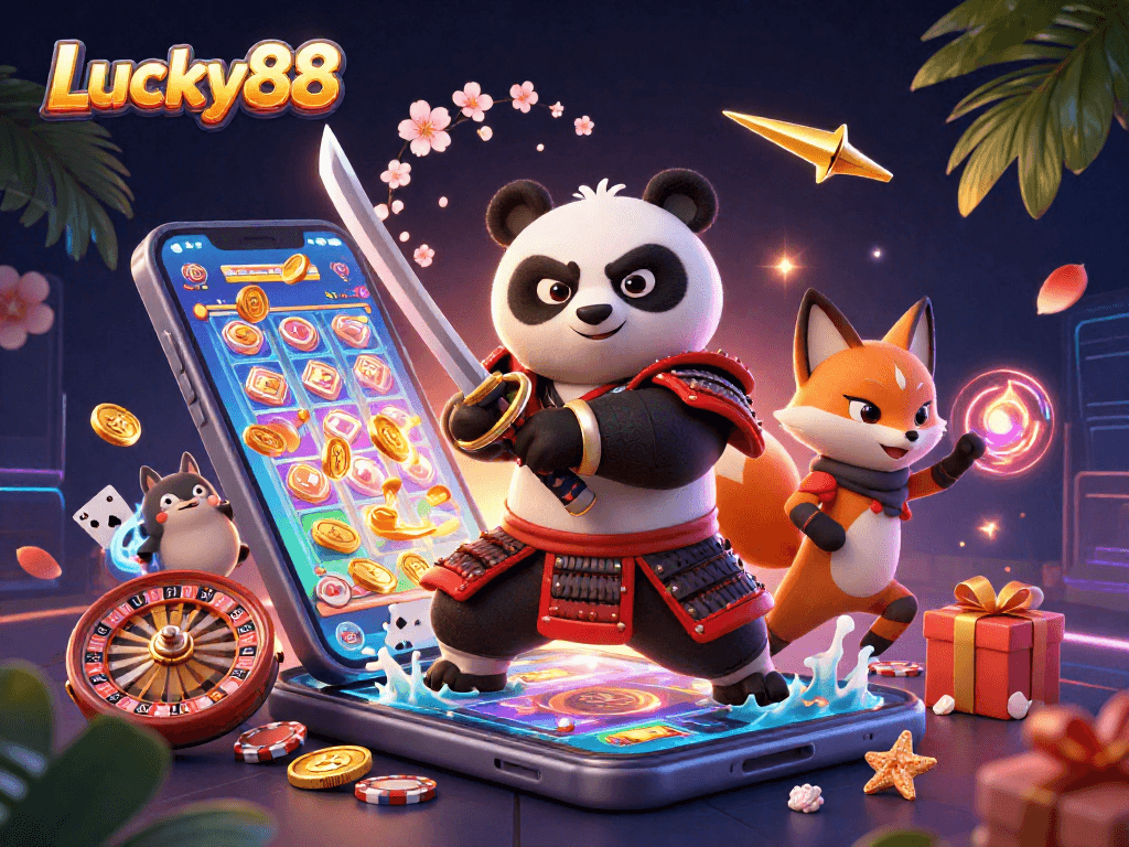 Engage with Lucky88's exciting gaming features through a colorful 3D illustration showcasing a samurai panda, ninja fox, and magical spirit.